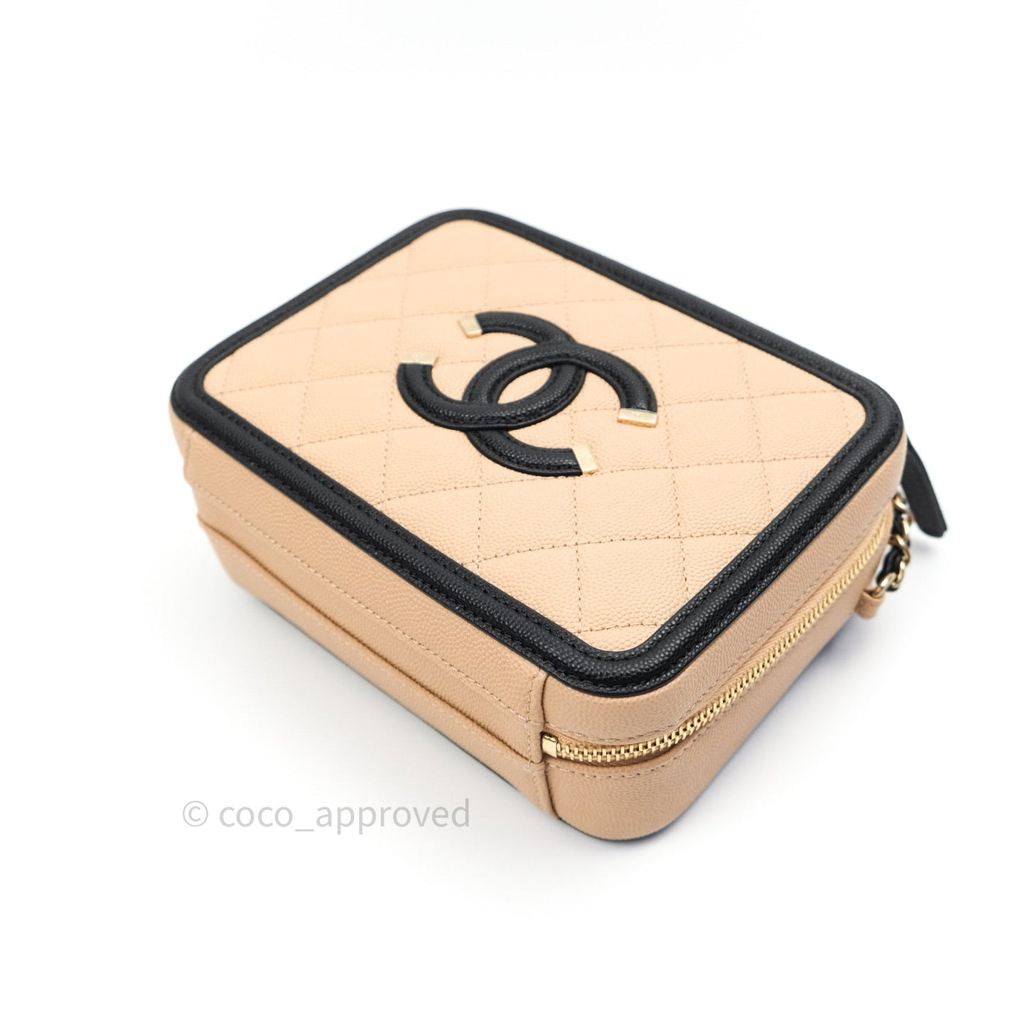 Chanel Quilted New Small CC Filigree Vanity Case Beige Caviar Gold Hardware