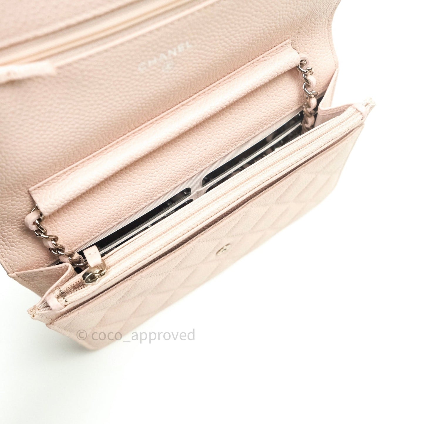 Chanel Quilted Wallet on Chain WOC Sakura Pink Caviar Silver Hardware