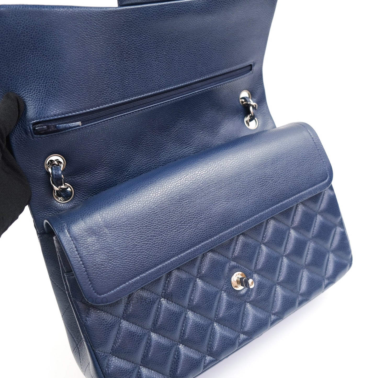 Chanel Classic Jumbo Quilted Double Flap Blue Caviar Silver Hardware⁣⁣