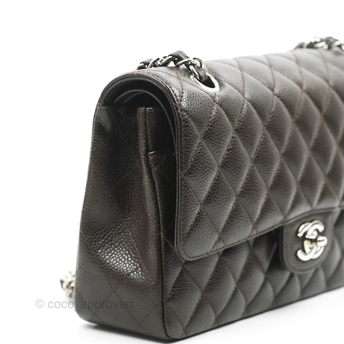 Chanel Classic M/L Medium Flap Quilted Dark Chocolate Brown Caviar Silver Hardware