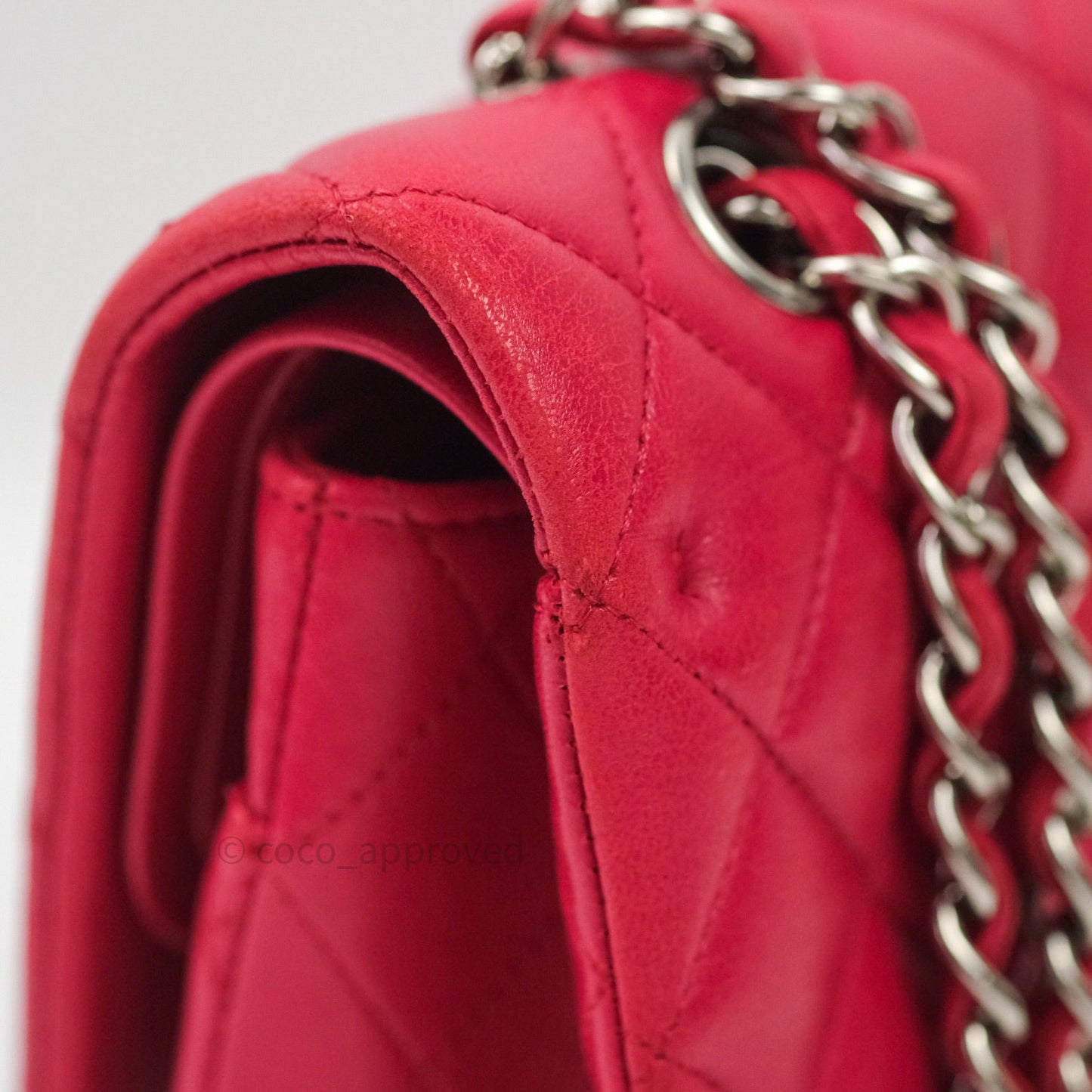 Chanel Classic M/L Lambskin Medium Double Flap Red Pink Silver Hardware
