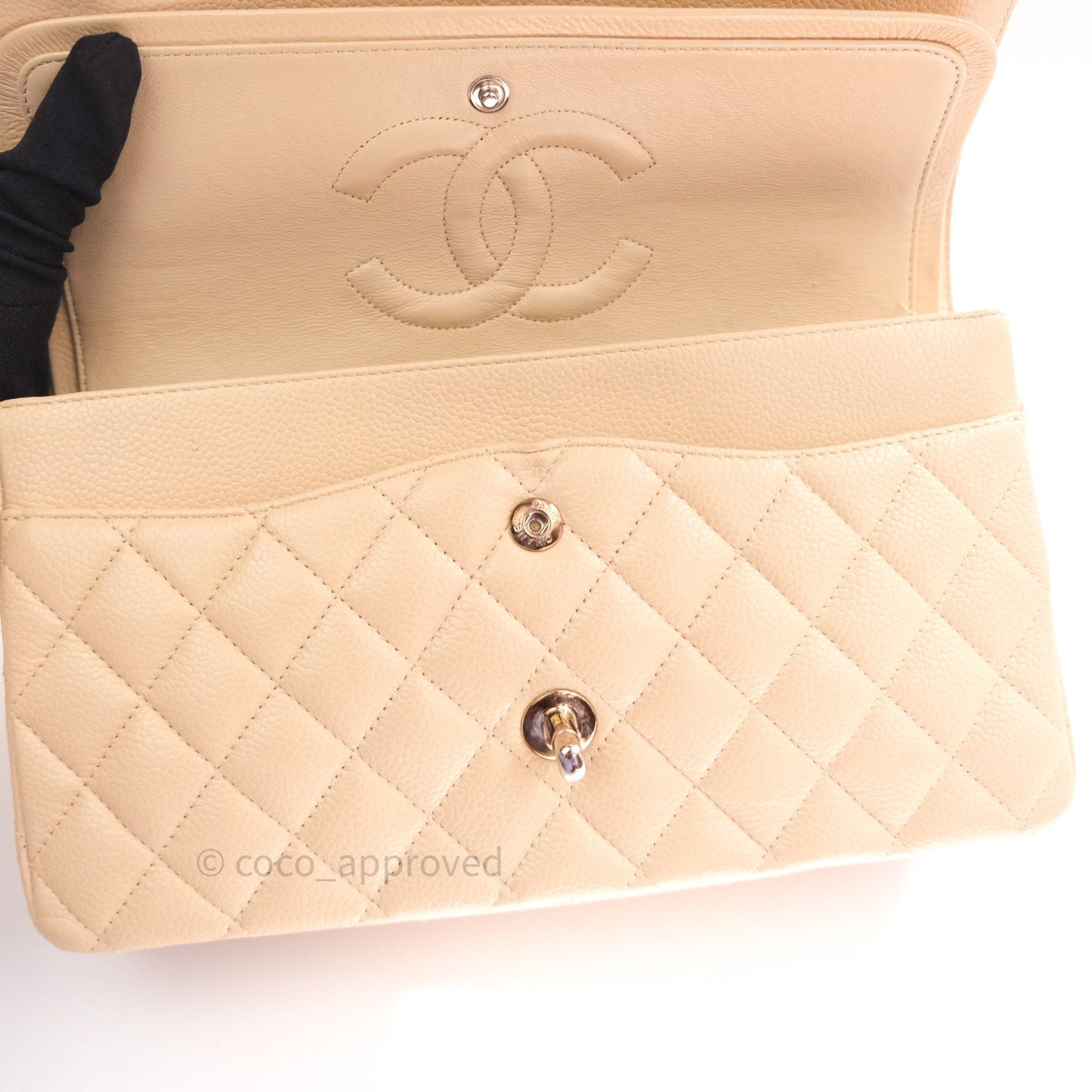 Chanel Quilted M/L Medium Double Flap Beige Clair Caviar Silver Hardware