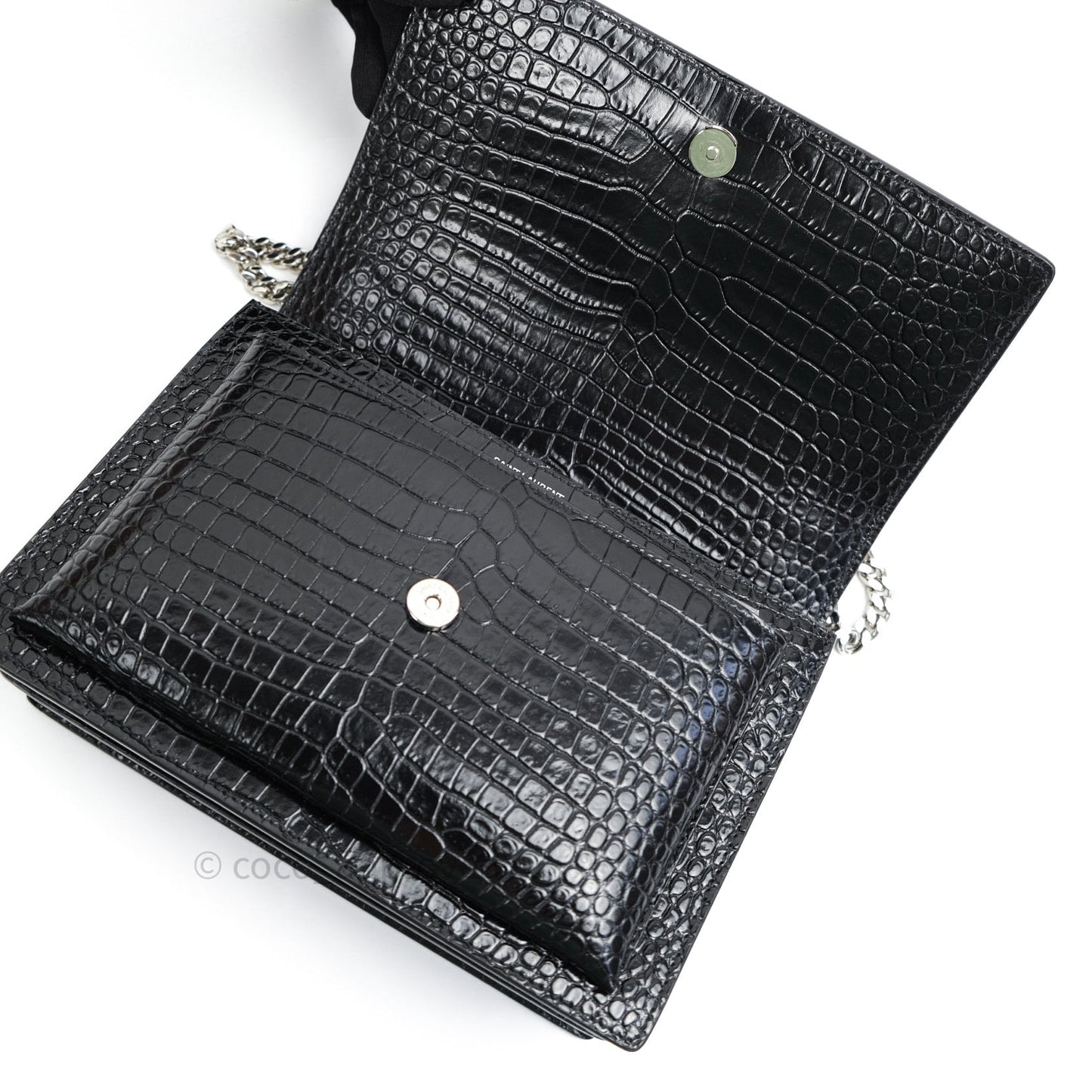 Saint Laurent Sunset Medium Black Crocodile Embossed Calfskin Silver Hardware