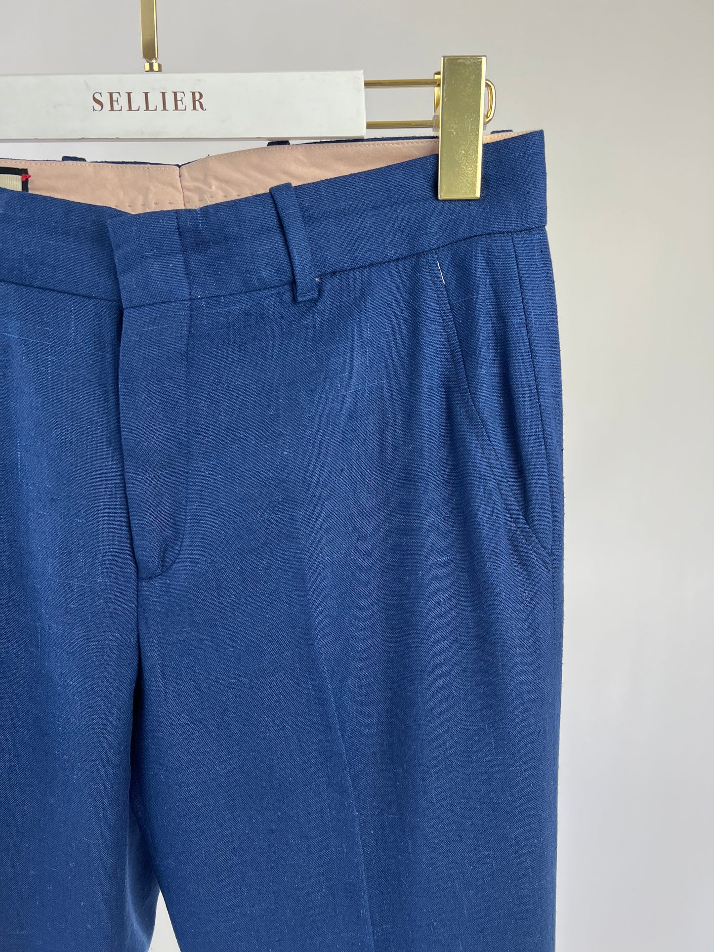 Luxury Gucci Navy Blue Linen Tailored Suit Trousers IT 40 (UK 8)