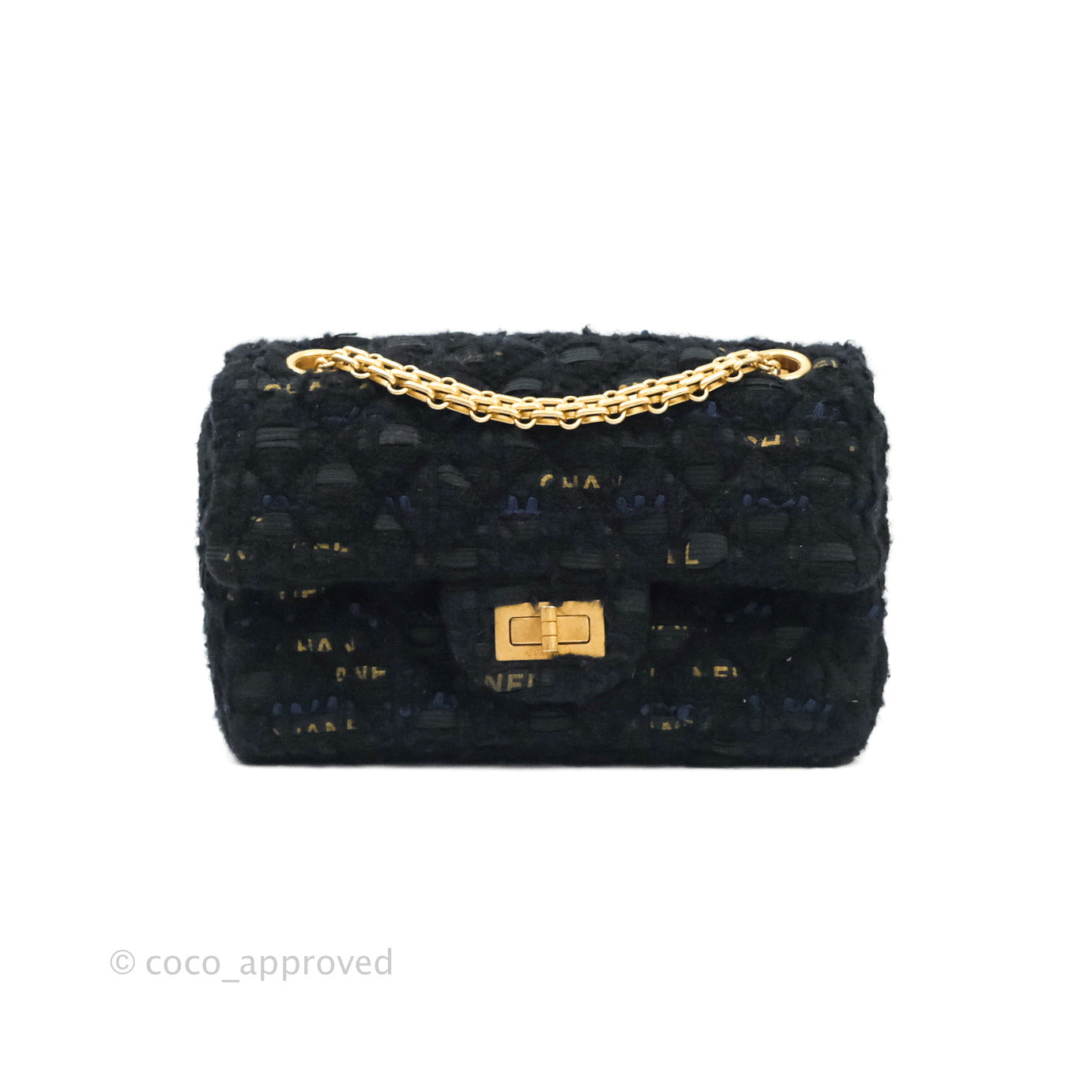 Chanel Mini Reissue 224 Black Navy Tweed Gold Hardware