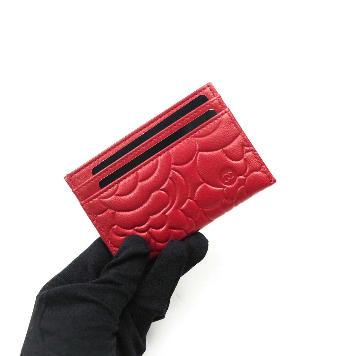 Chanel Quilted Classic Red Camellia Goatskin Silver Hardware Flat Card Holder