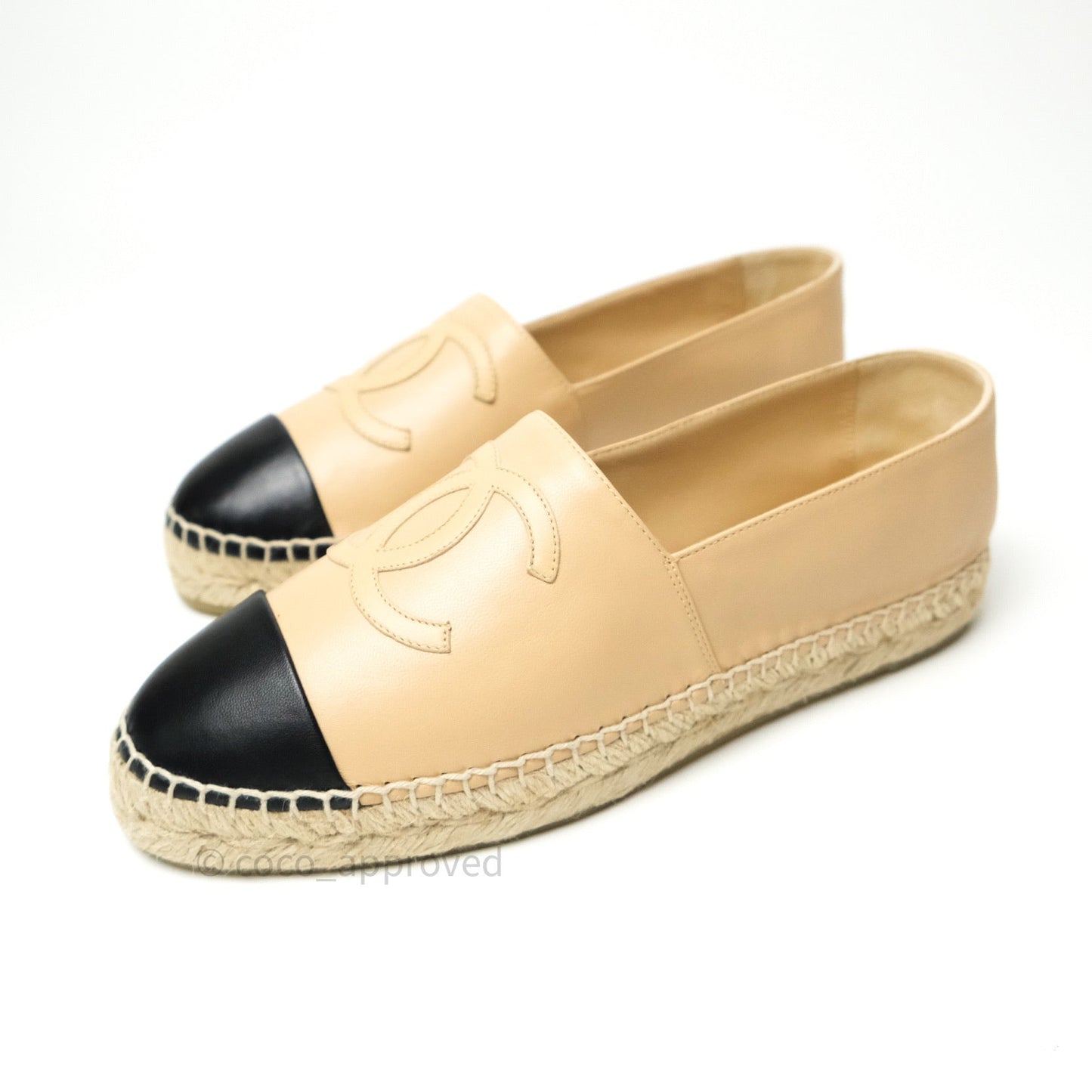 Chanel Espadrille Black Beige Leather Size 39
