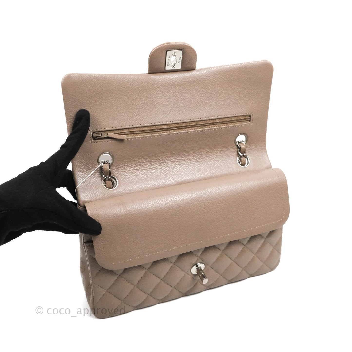 Chanel Classic M/L Medium Flap Quilted Taupe Grey Caviar Silver Hardware
