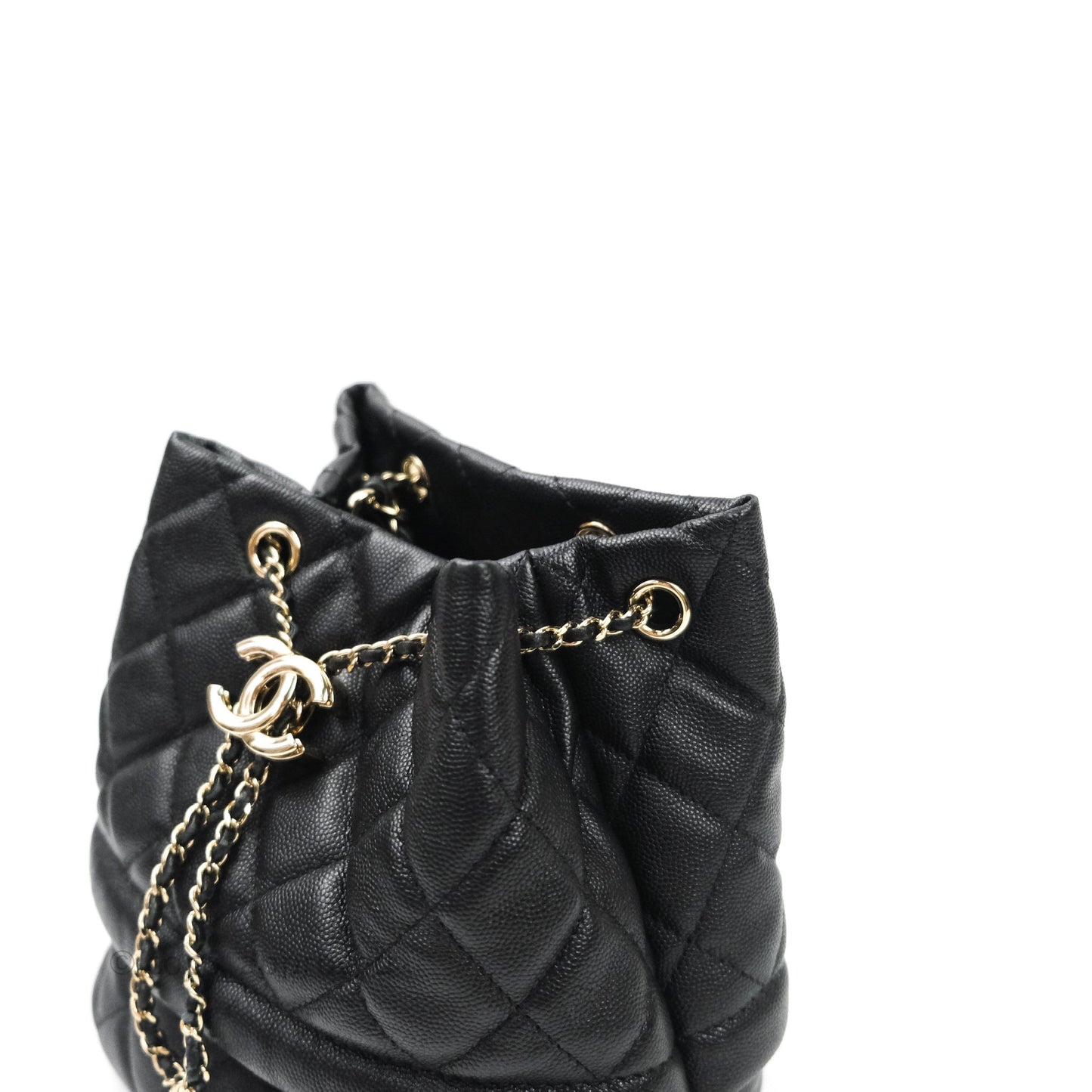 Chanel Caviar Quilted Rolled Up Bucket Drawstring Bag Black Gold Hardware