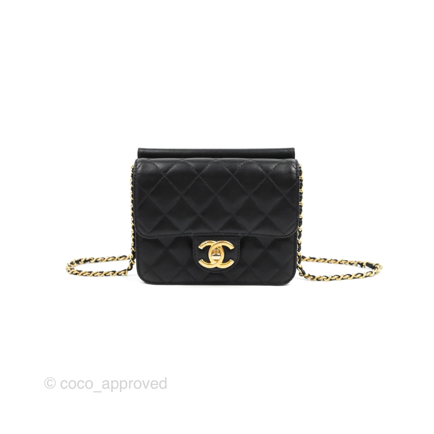 Chanel Mini Flap on Chain Black Calfskin Aged Gold Hardware