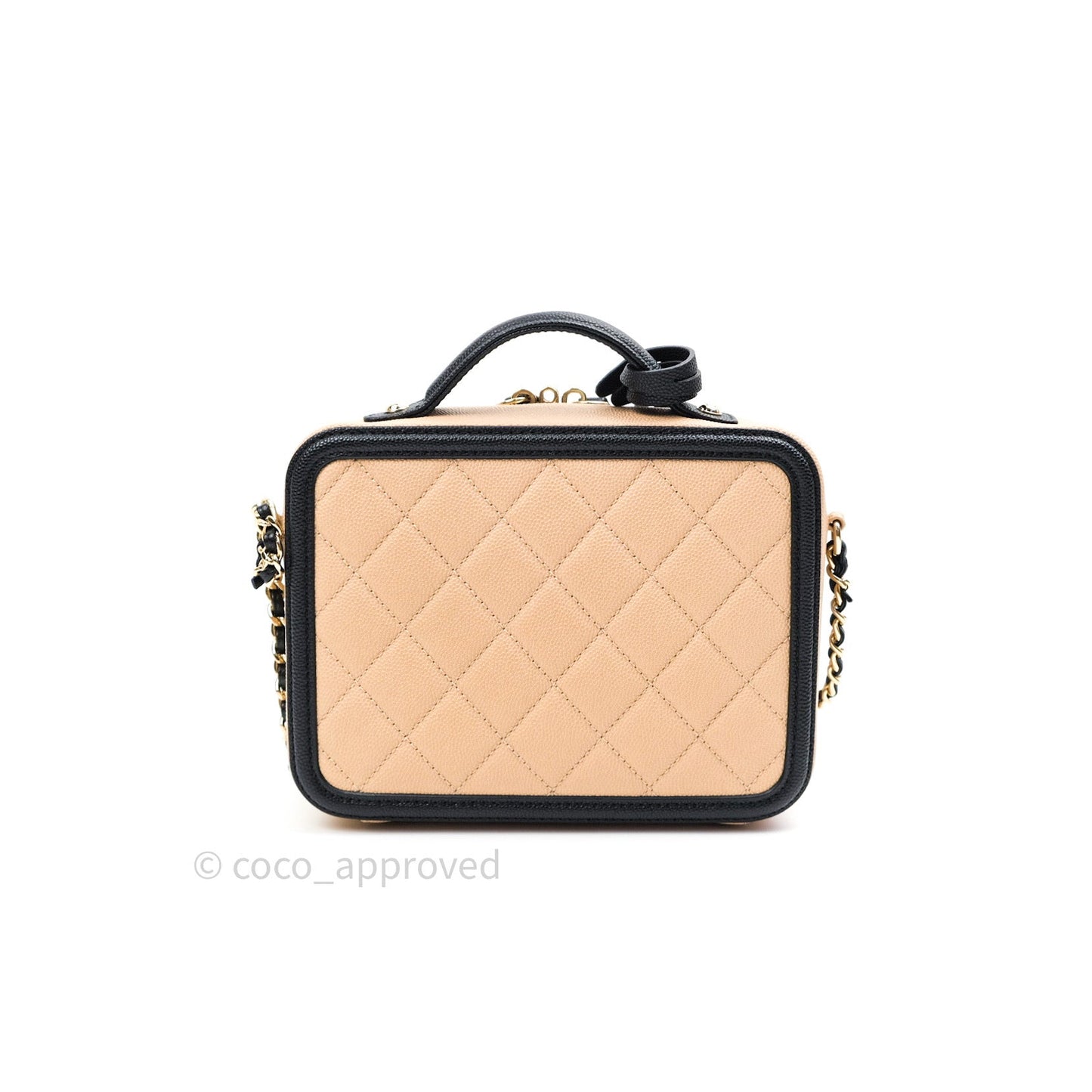 Chanel Quilted New Small CC Filigree Vanity Case Beige Caviar Gold Hardware
