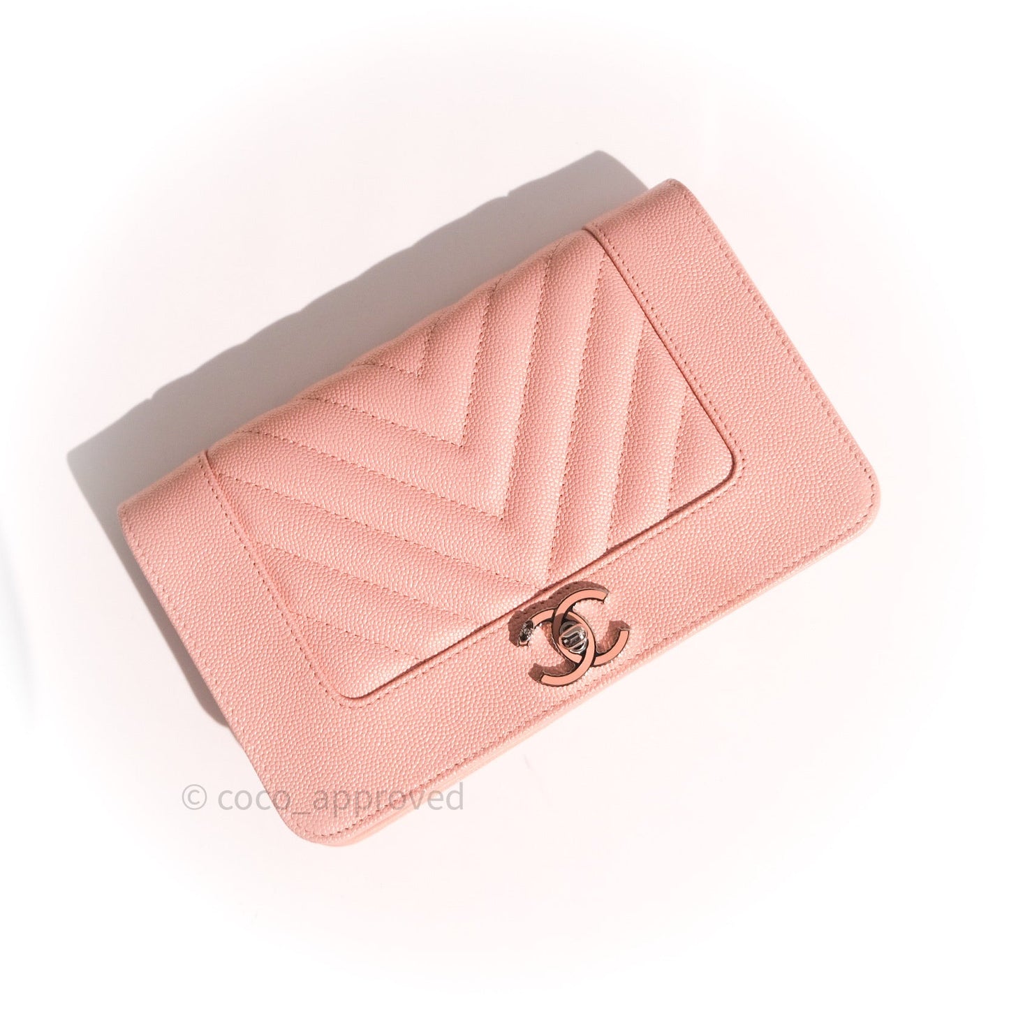 Chanel Chevron Wallet on Chain WOC Rose Gold Caviar Silver Hardware 19P