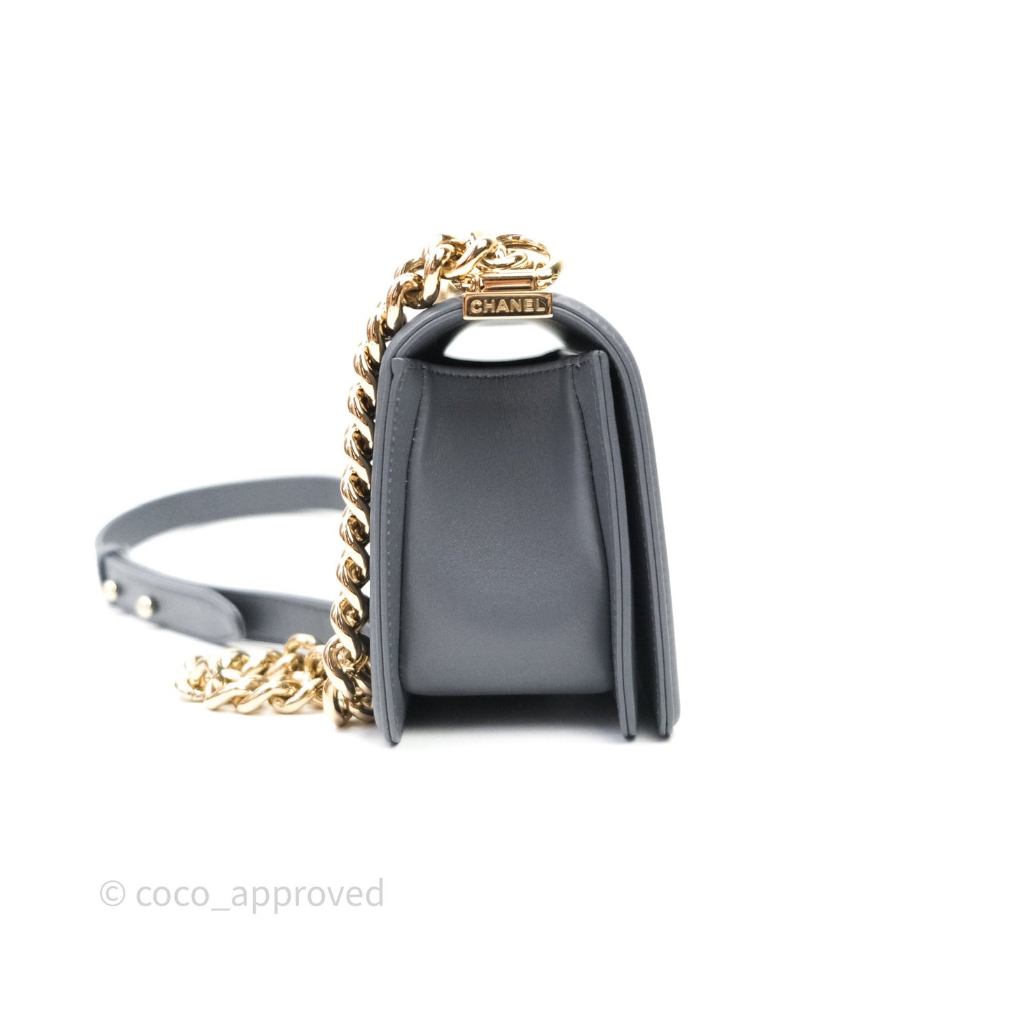 Chanel Small Boy Chevron Grey Calfskin Gold Hardware