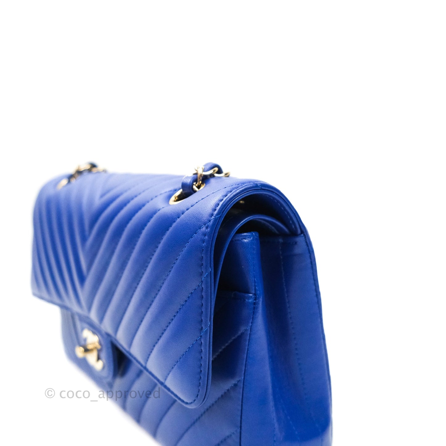 Chanel Classic Chevron M/L Medium Double Flap Blue Lambskin Gold Hardware