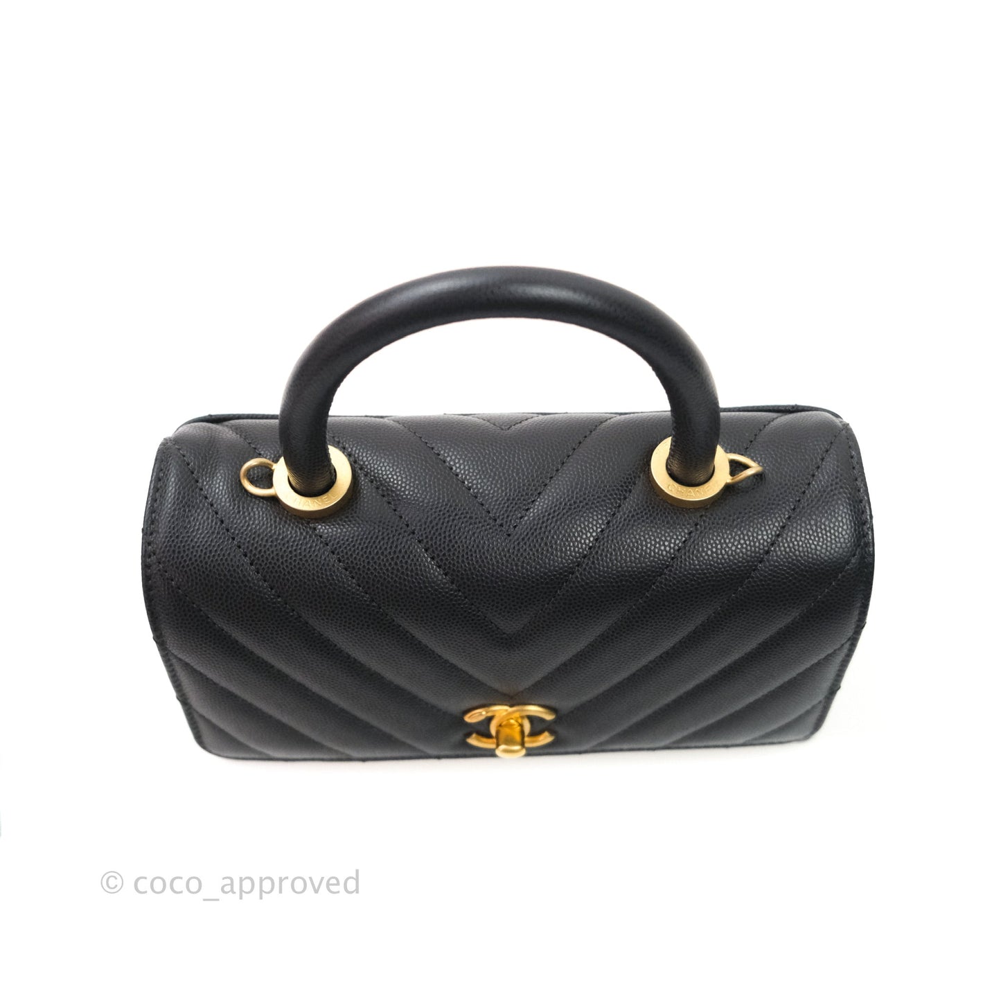 Chanel Quilted Mini Coco Handle Chevron Dark Grey Caviar Gold Hardware