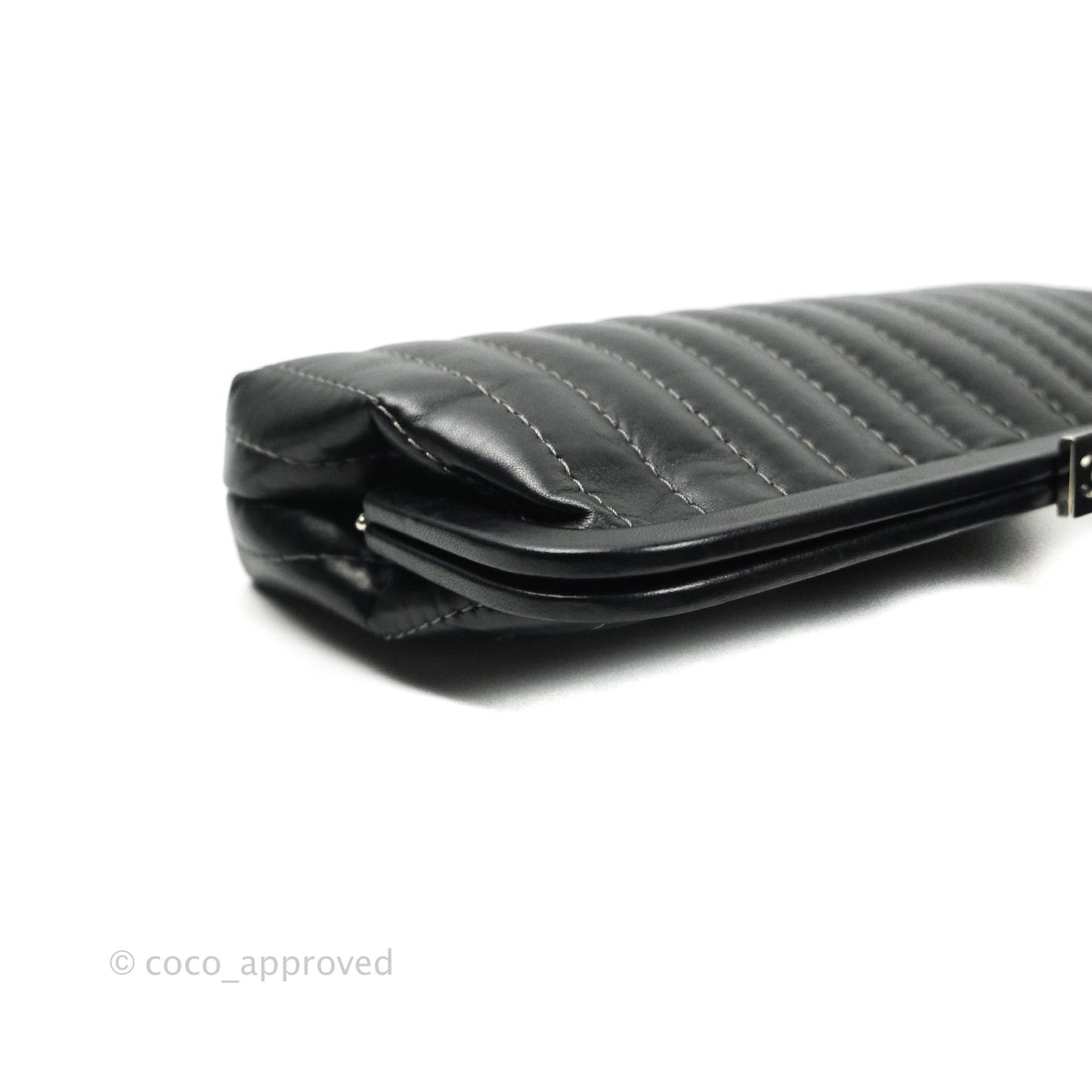 Chanel Vertical Stitch Kiss Lock Black Lambskin Clutch Silver Hardware