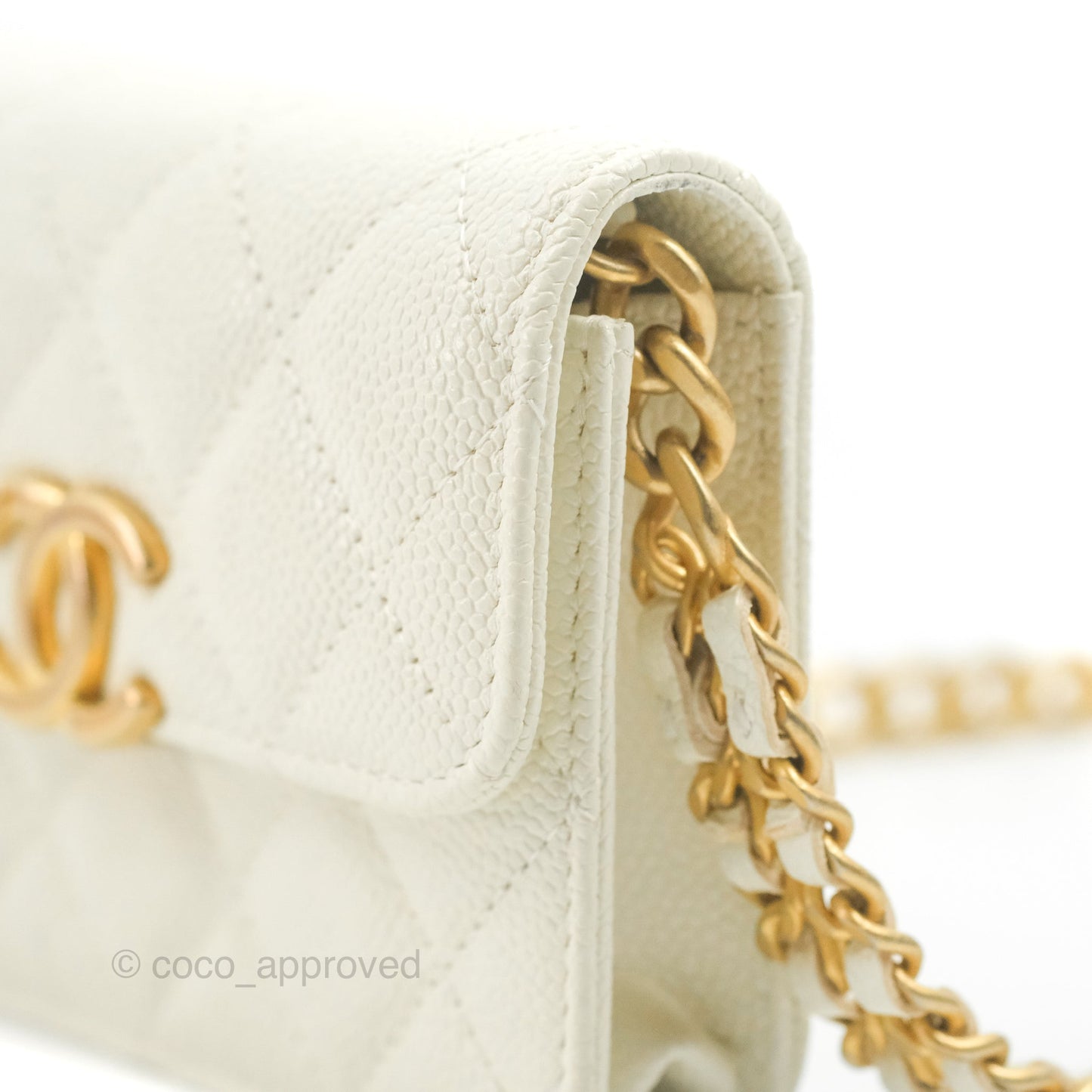 Chanel Mini Clutch With Chain White Caviar Aged Gold Hardware