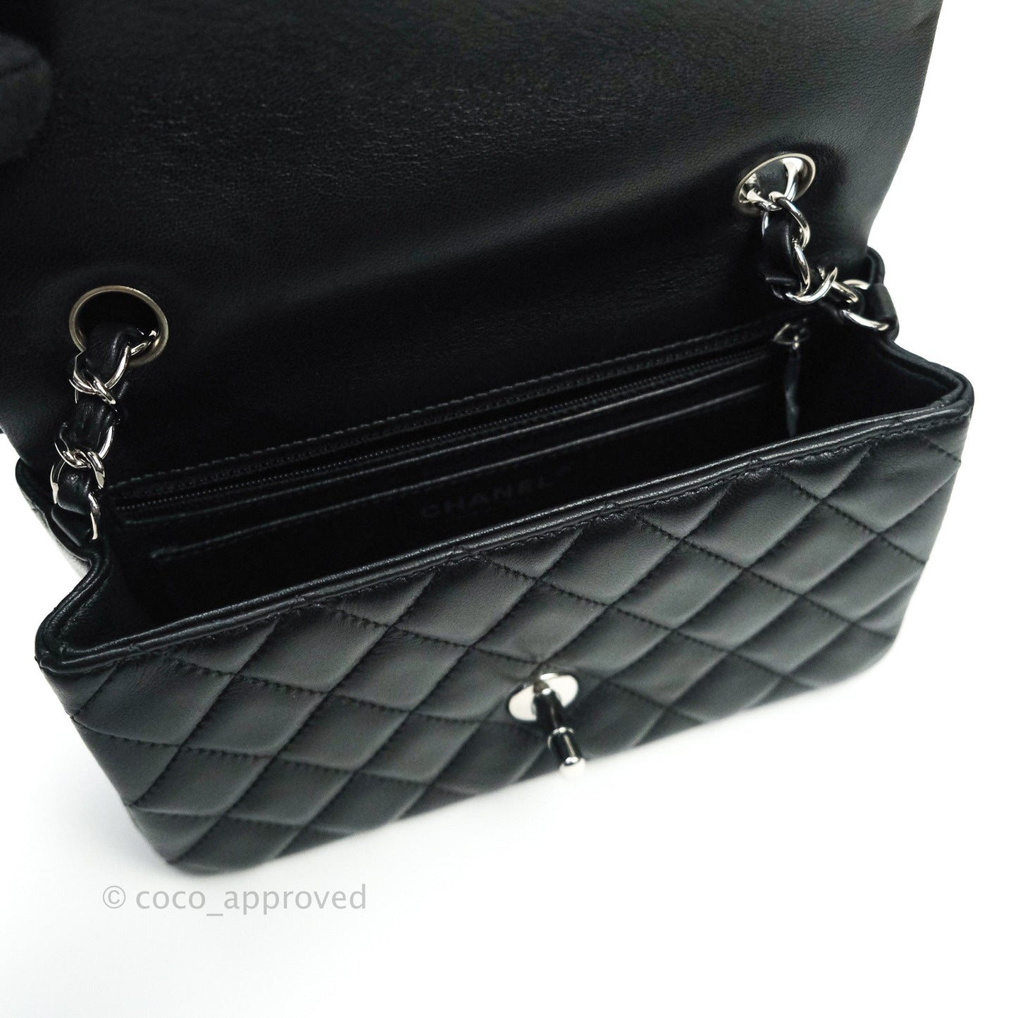Chanel Quilted Mini Rectangular Black Lambskin Silver Hardware