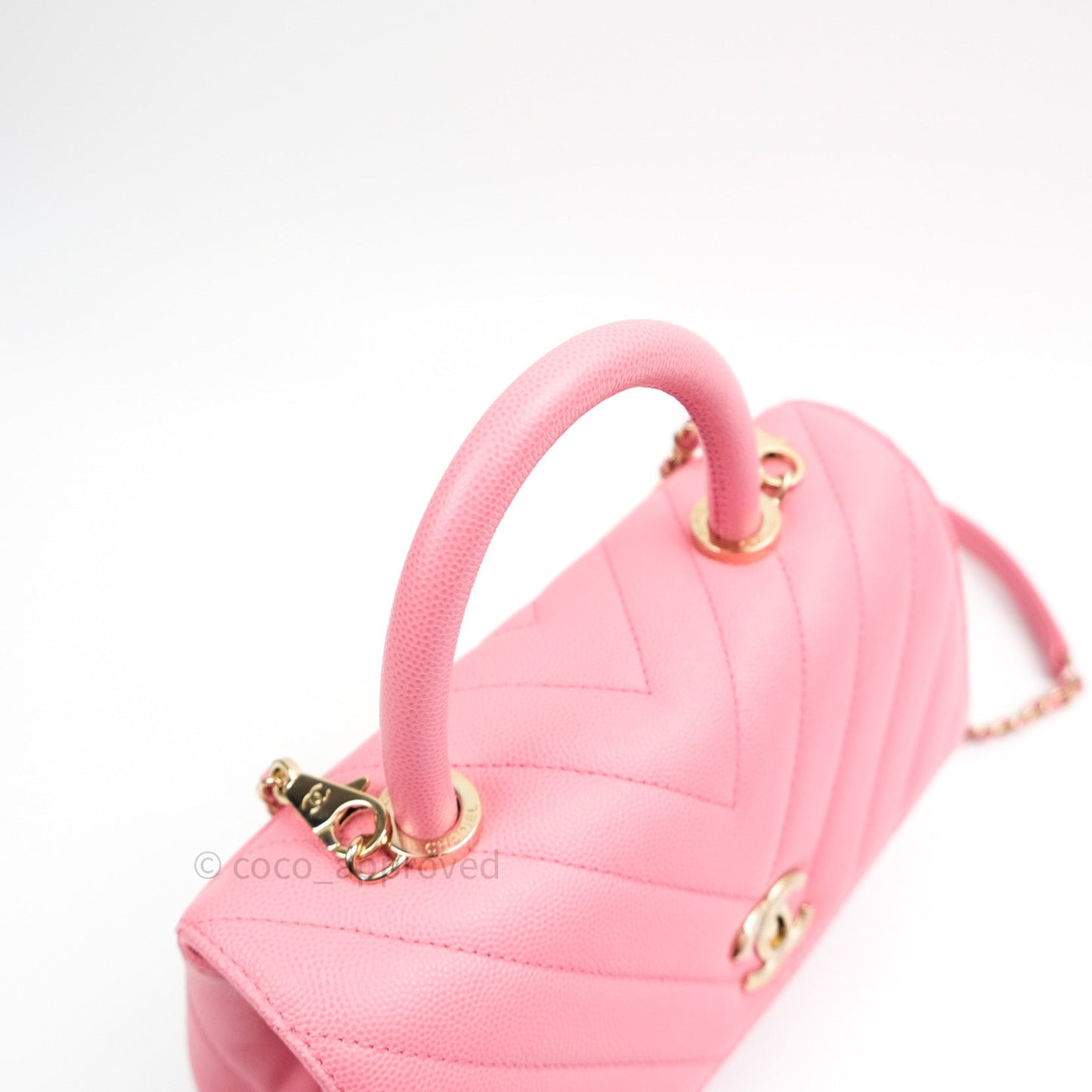Chanel Mini Coco Handle Chevron Pink Caviar Quilted Gold Hardware