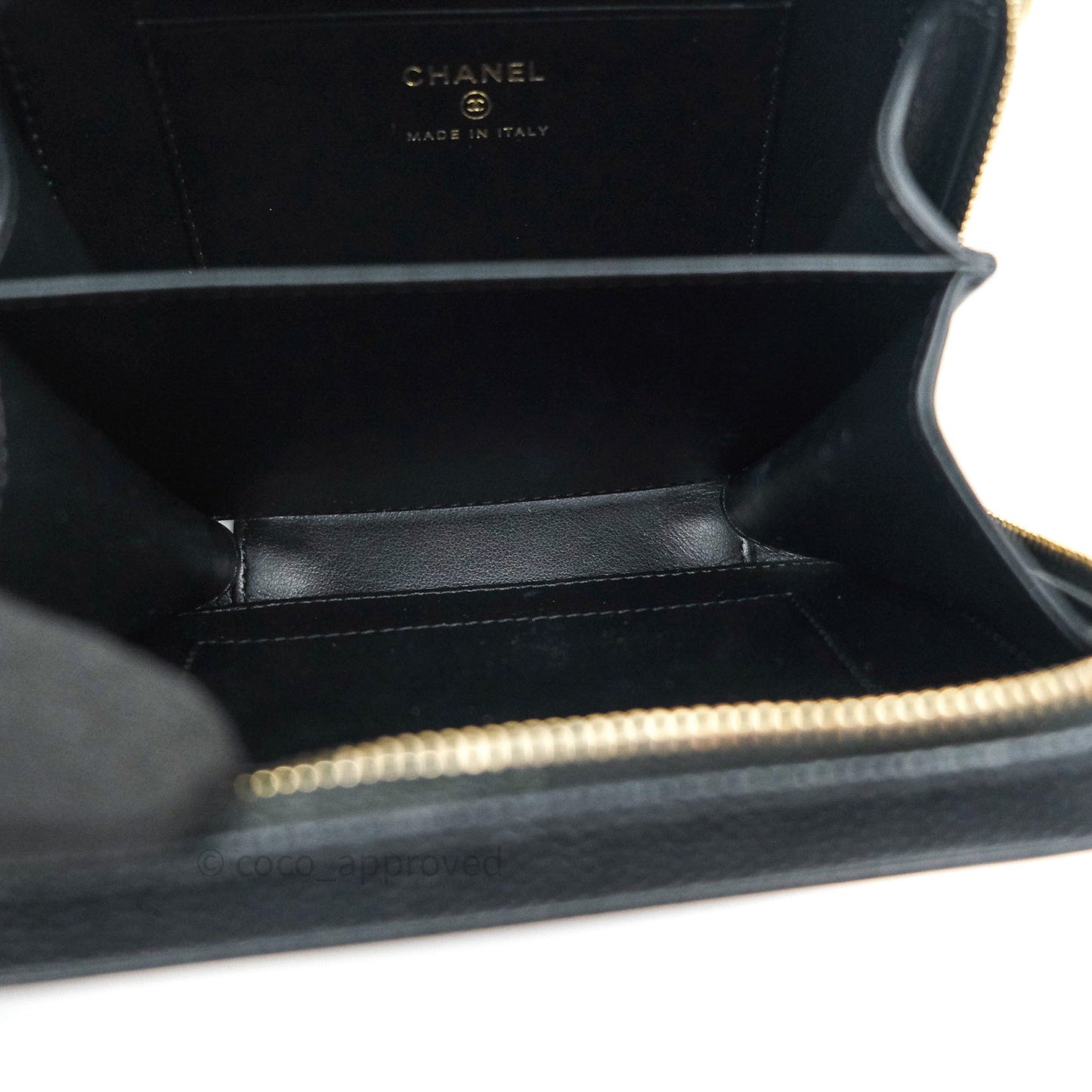 Chanel Quilted CC Filigree Vanity Clutch With Chain Black Caviar