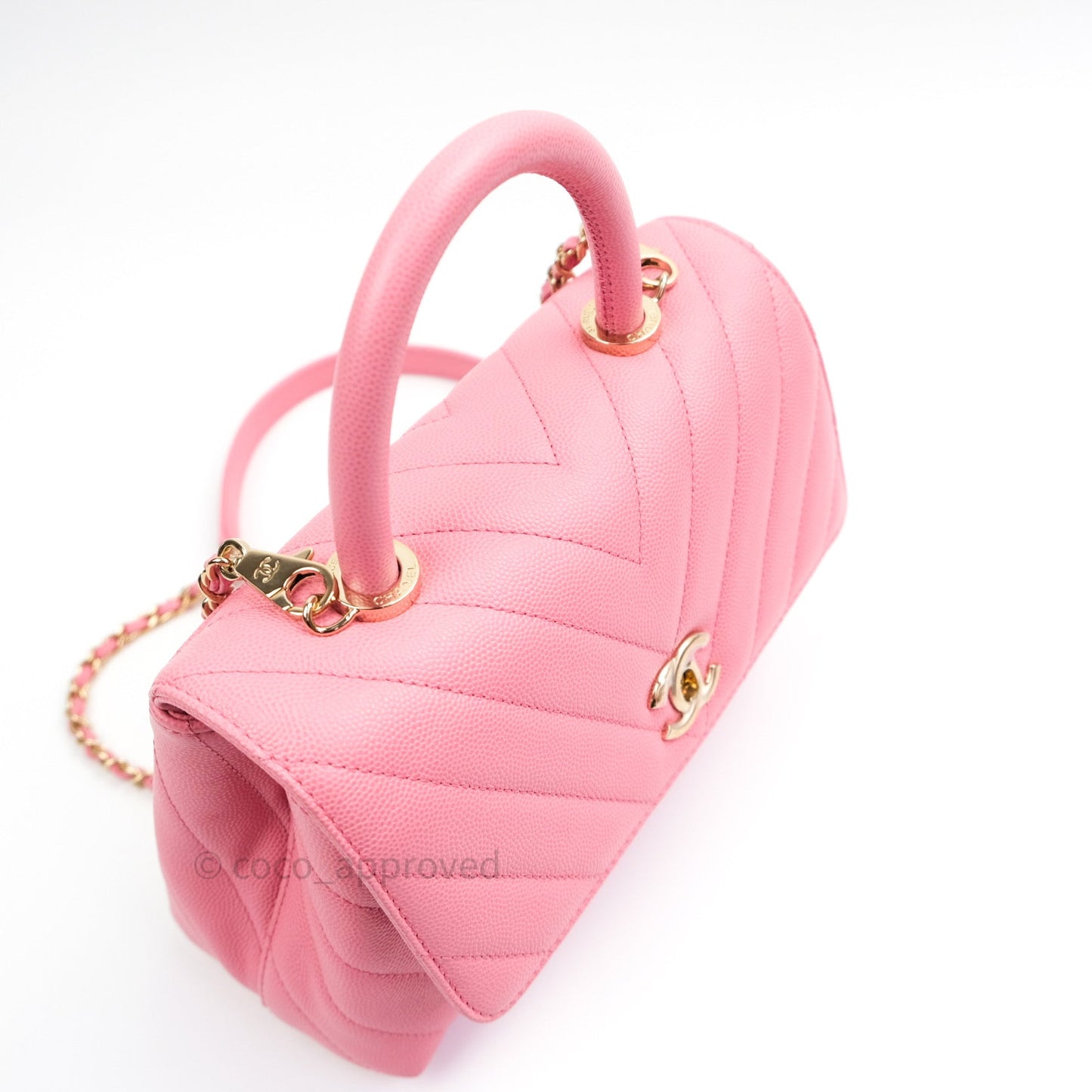Chanel Mini Coco Handle Chevron Pink Caviar Quilted Gold Hardware