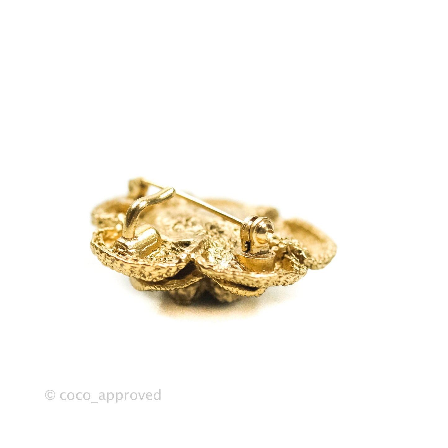 Chanel Camellia CC Rhinestone Pin Brooch Gold Tone