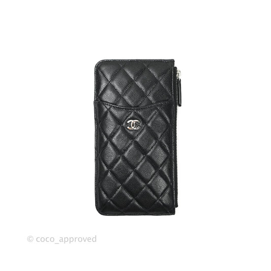 Chanel Classic Flat Black Caviar Wallet Pouch Silver Hardware