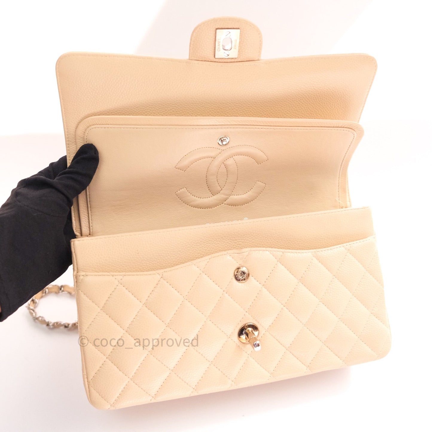 Chanel Quilted M/L Medium Double Flap Beige Clair Caviar Silver Hardware