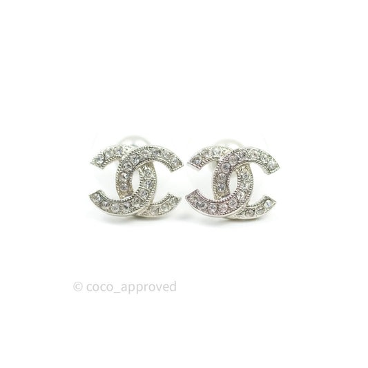 Chanel Crystal CC Earrings Silver Tone