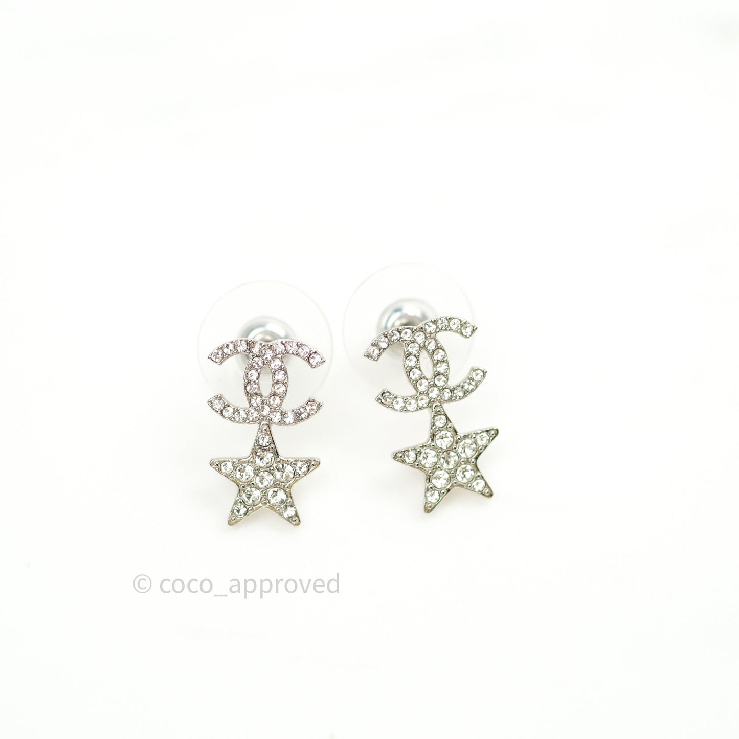 Chanel Crystal CC Star Earrings Silver 20B