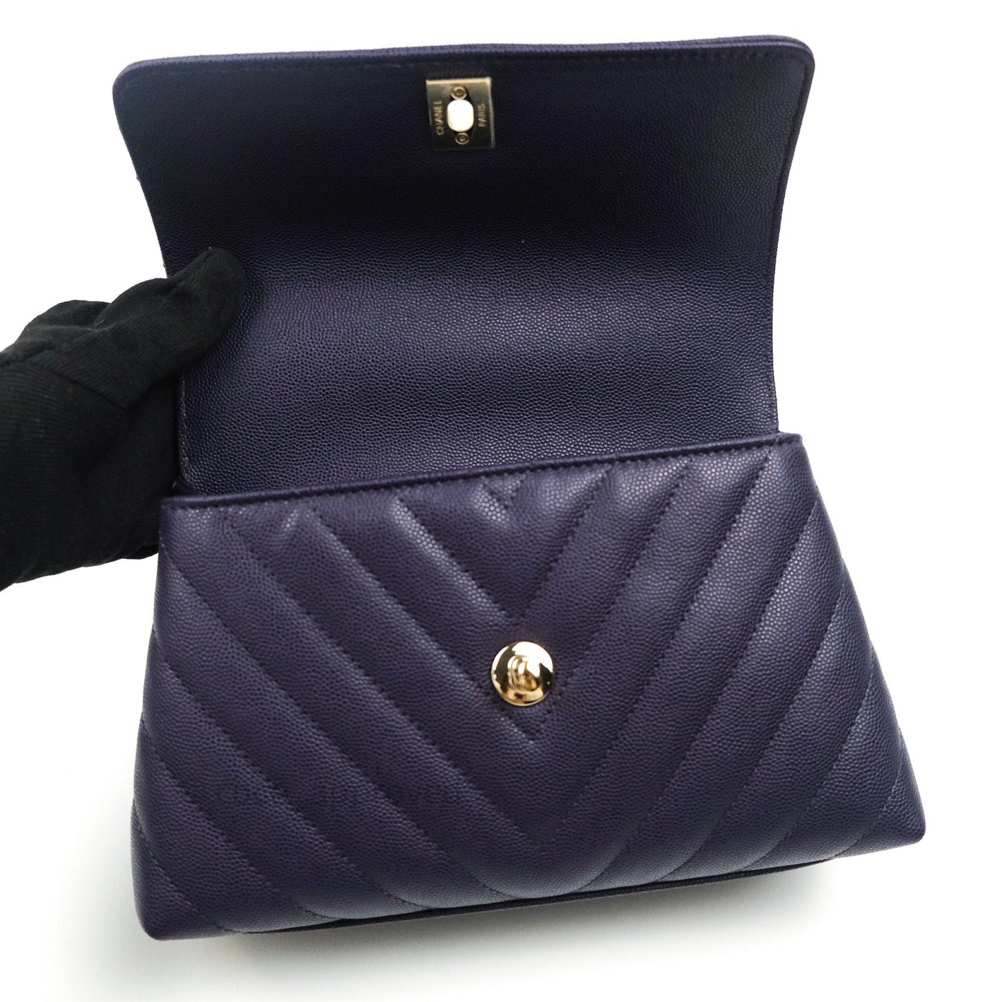 Chanel Mini Coco Handle Chevron Purple Caviar Quilted Gold Hardware