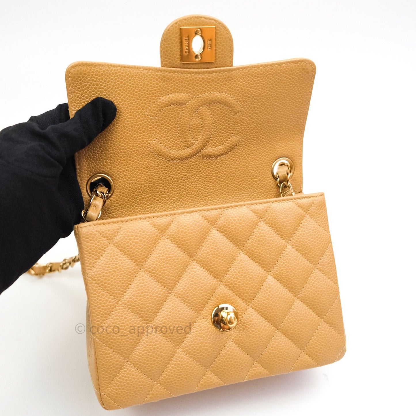 Chanel Quilted Vintage Mini Square Flap Beige Caviar 24K Gold Hardware