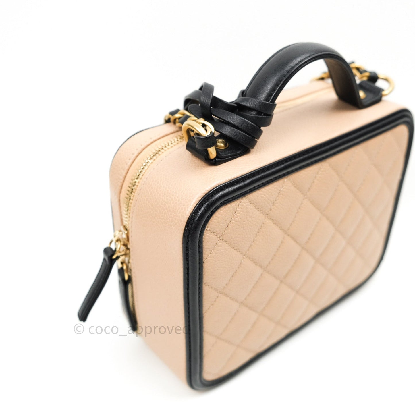Chanel Quilted Medium CC Filigree Vanity Case Beige Caviar Gold Hardware