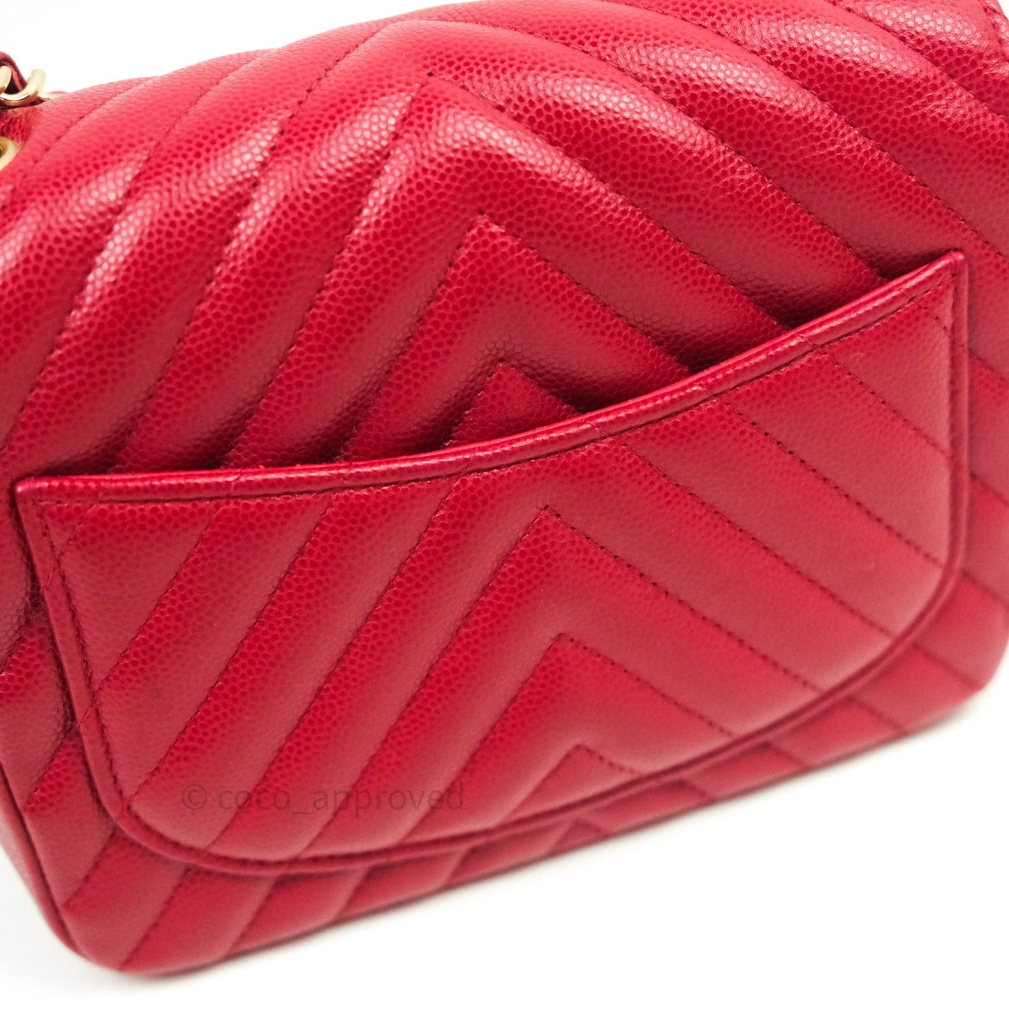Chanel Mini Square Red Chevron Caviar Gold Hardware