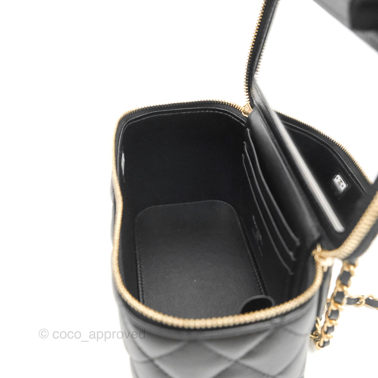 Chanel Vanity Rectangular Metal Top Handle Black Lambskin Aged Gold Hardware 22B