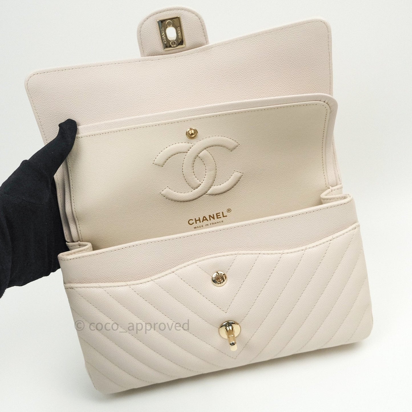 Chanel Classic M/L Medium Double Flap Chevron Ivory Caviar Gold Hardware