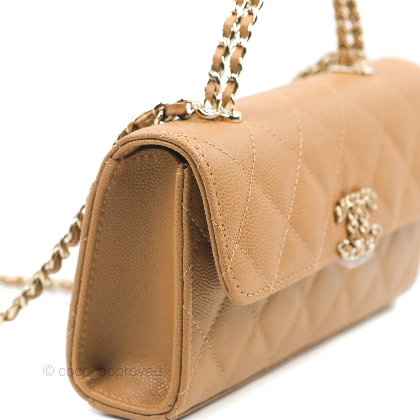 Chanel Top Handle Clutch with Chain Dark Beige Caviar Light Gold Hardware 23P