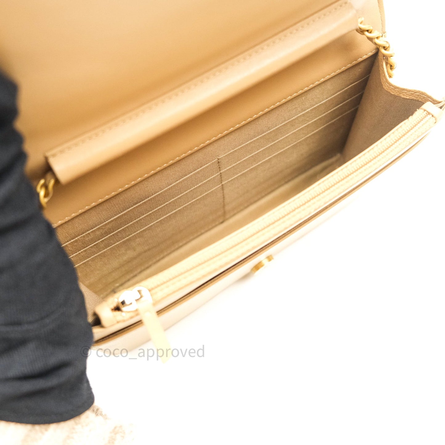 Chanel Quilted Boy Wallet on Chain WOC Beige Caviar Gold Hardware