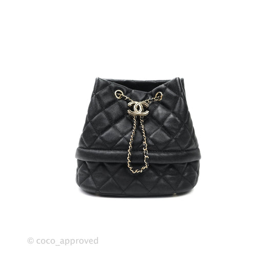 Chanel Caviar Quilted Rolled Up Bucket Drawstring Bag Black Gold Hardware