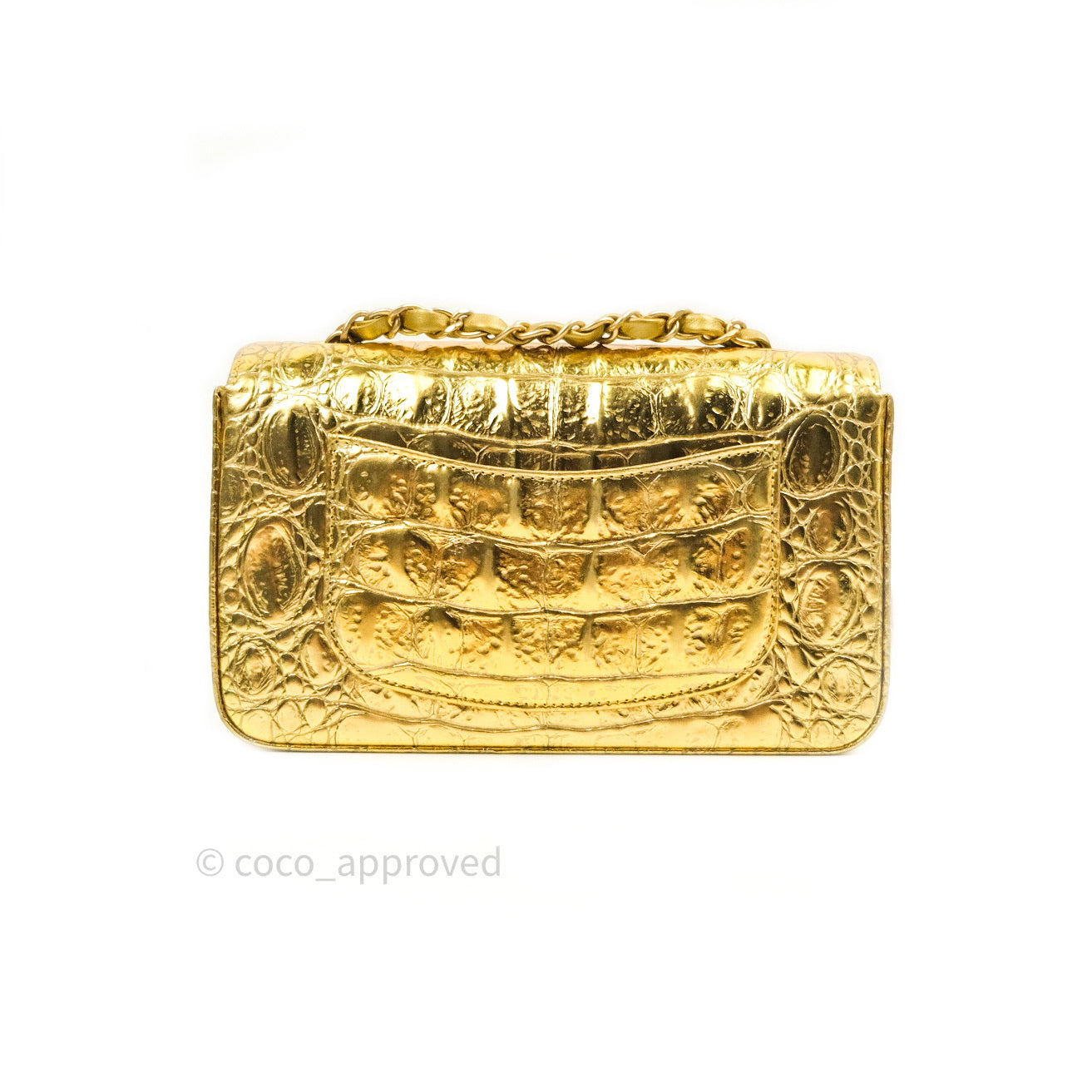 Chanel Gold Metallic Calfskin Crocodile Embossed Rectangular Mini Flap