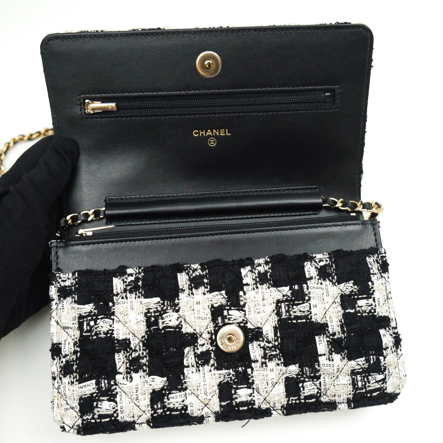 Chanel Quilted Wallet on Chain WOC Tweed Houndstooth Gold Hardware