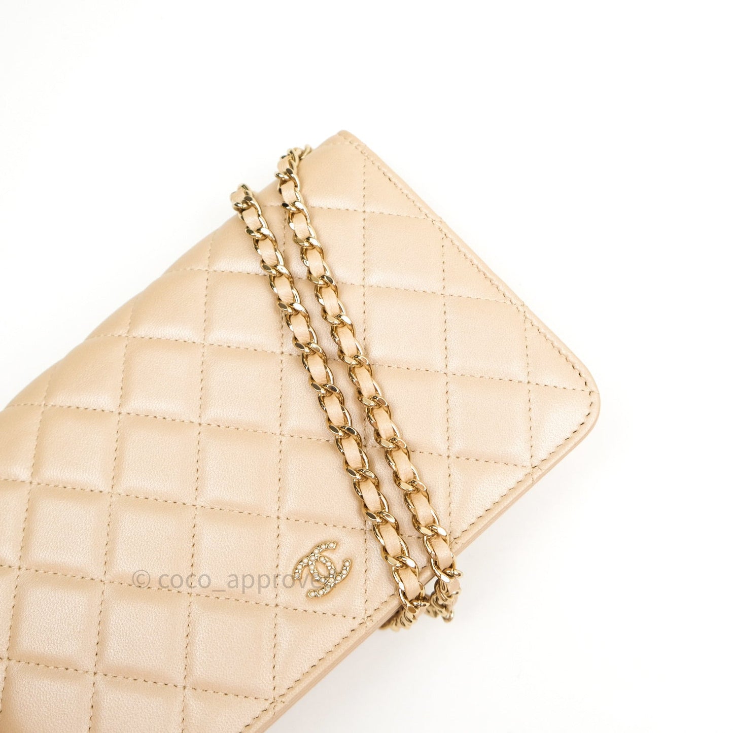 Chanel Quilted Beige Iridescent Lambskin Pearl Wallet On Chain WOC