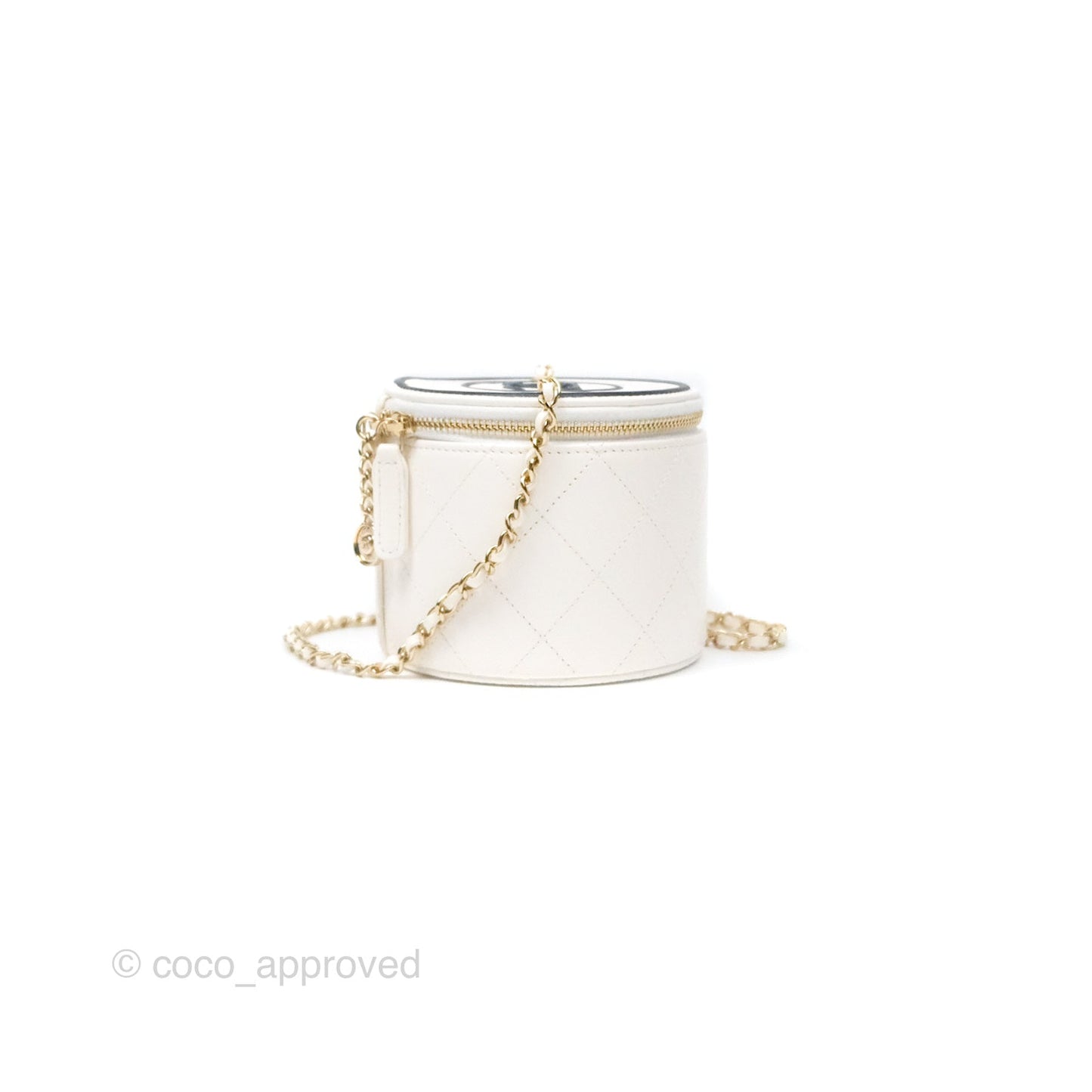 Chanel CC Quilted Round Vanity Clutch With Chain White Lambskin Gold Hardware