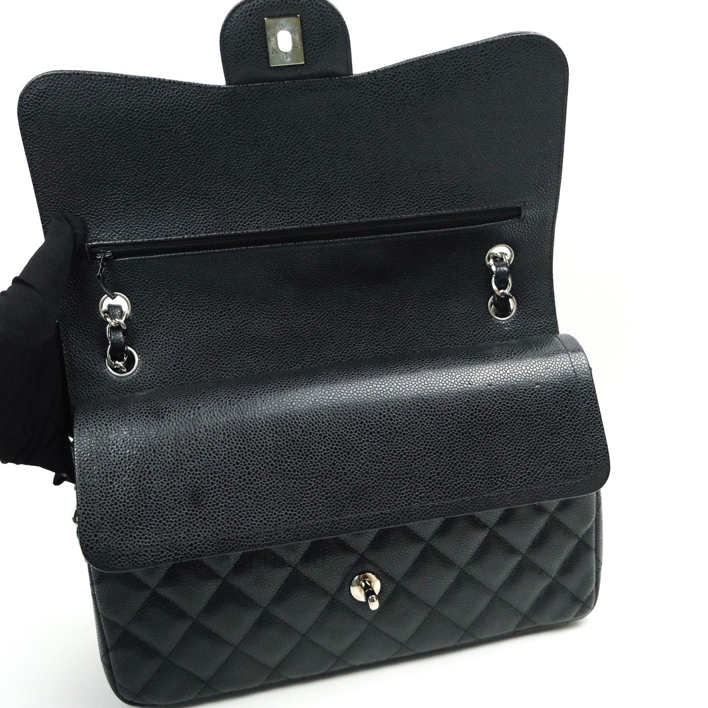 Chanel Classic Jumbo Double Flap Black Quilted Caviar Silver Hardware⁣⁣