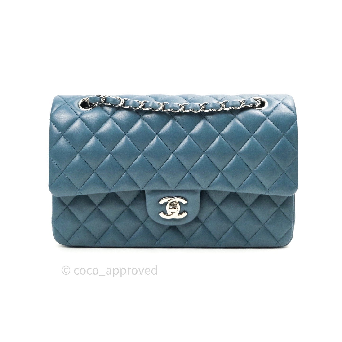 Chanel Classic M/L Lambskin Medium Double Flap Teal Blue Silver Hardware