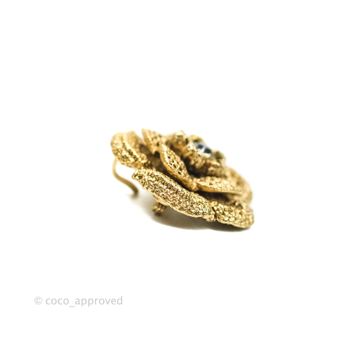 Chanel Camellia CC Rhinestone Pin Brooch Gold Tone