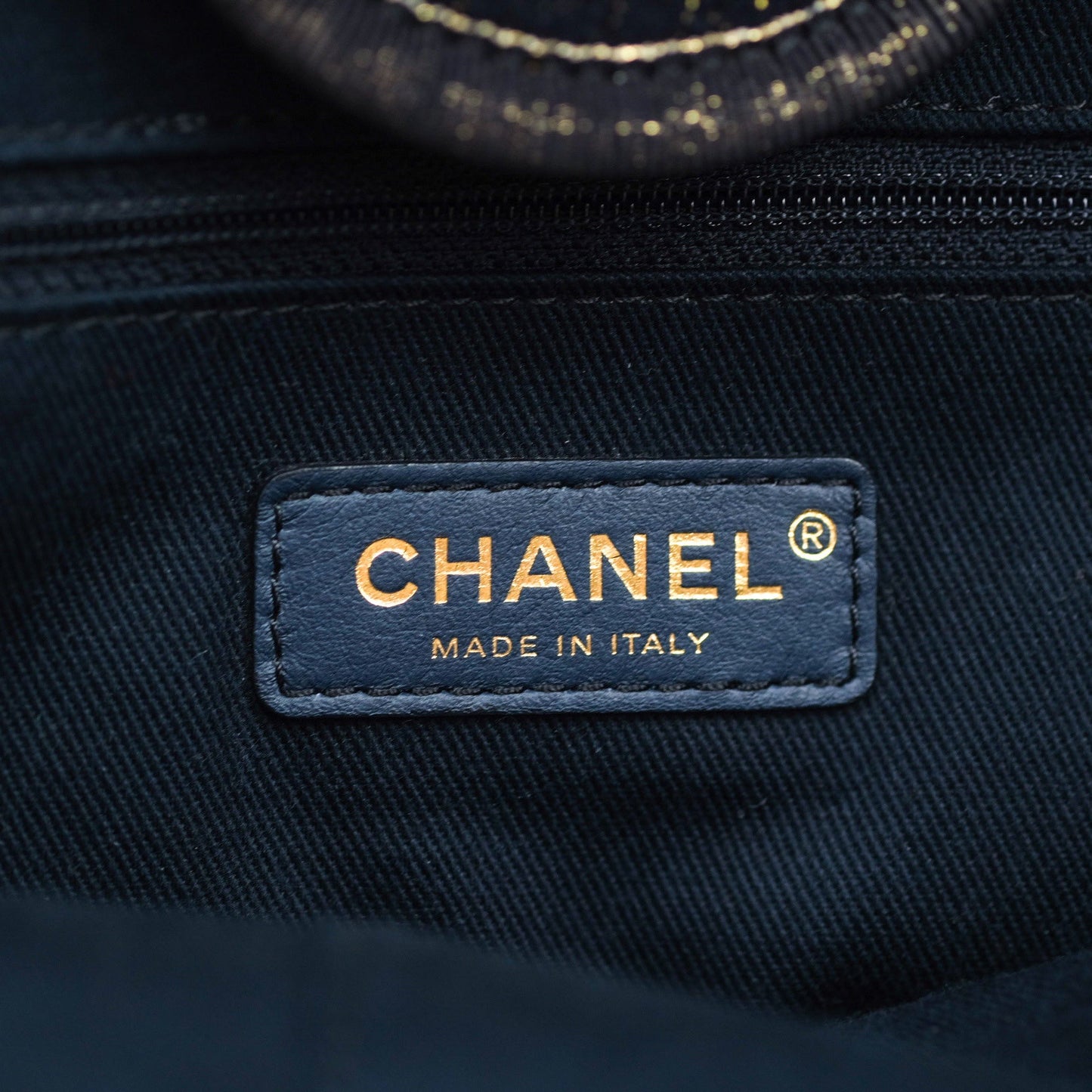 Chanel Canvas Large Deauville Tote Navy Glittery Gold Logo 19B
