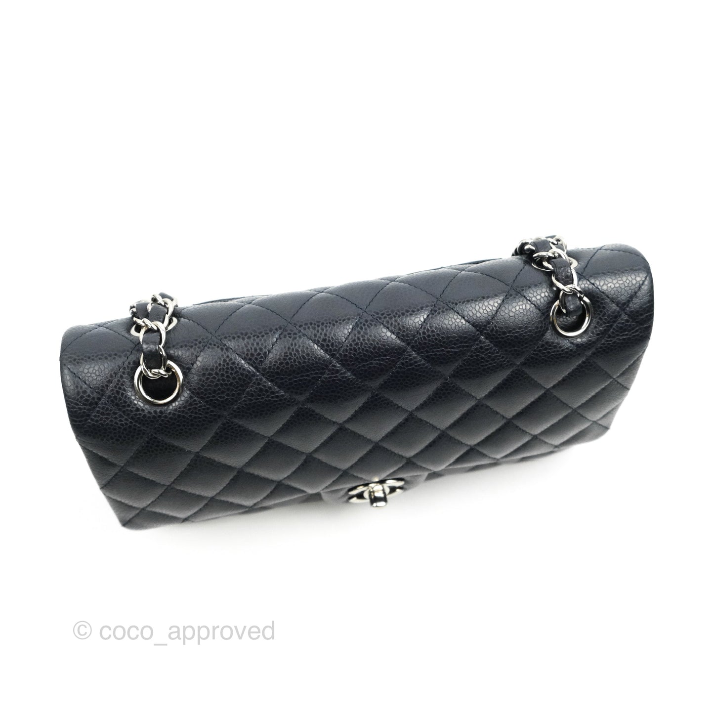 Chanel Quilted M/L Medium Double Flap Very Dark Navy Caviar Silver Hardware