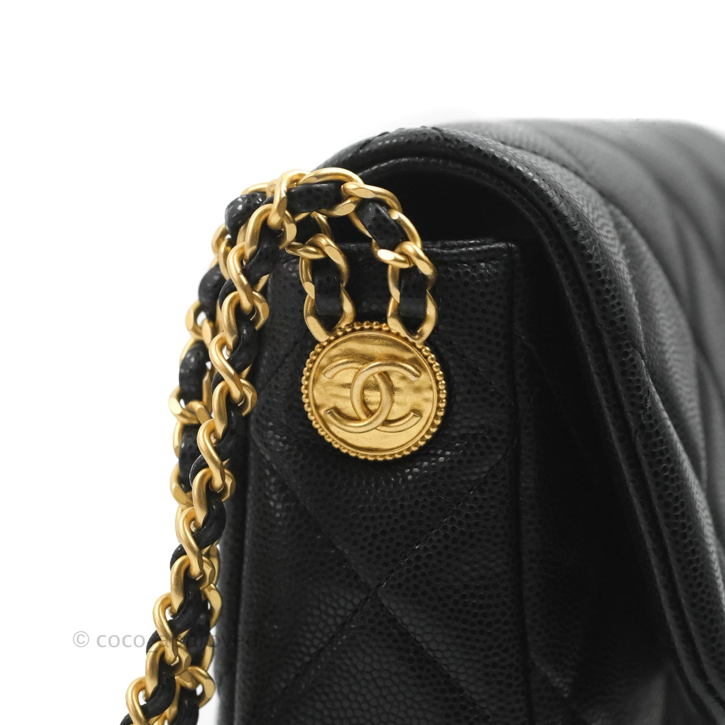 Chanel Small Flap with Coin Charm Black Caviar Aged Gold Hardware 22A