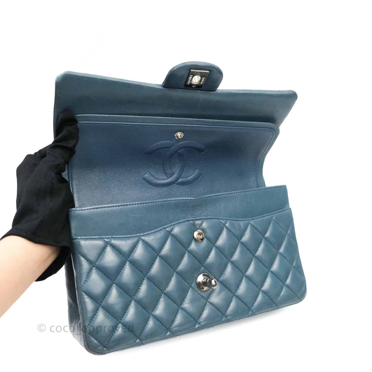 Chanel Classic M/L Medium Double Flap Blue Silver Hardware